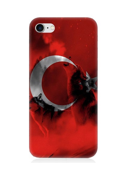 Apple iPhone 8 Uyumlu Türk Bayrağı ve Kurt Desenli Silikon Kılıf
