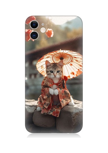Apple iPhone 12 Uyumlu Geyşa Kıyafetli Kedi Desenli Silikon Kılıf
