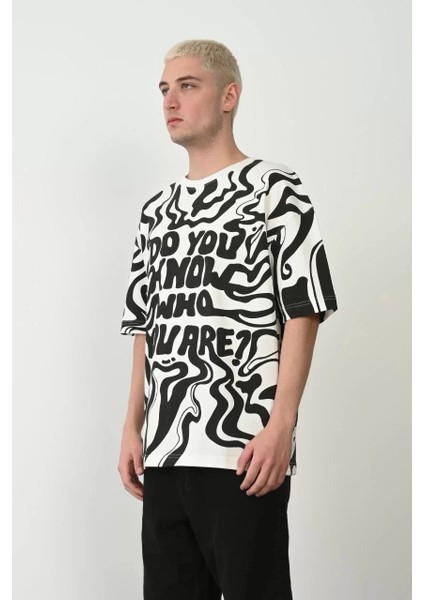 Unisex Baskılı Bisiklet Yaka Oversize T-Shirt - Beyaz