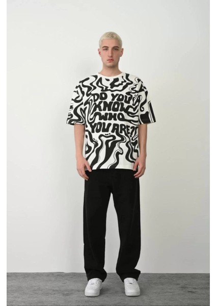 Unisex Baskılı Bisiklet Yaka Oversize T-Shirt - Beyaz fiyatları