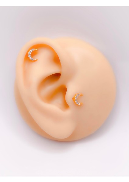 Cerrahi Çelik Zirkon Taşlı Hilal Ay Figürlü Kıkırdak Helix Tragus 1 Adet Piercing