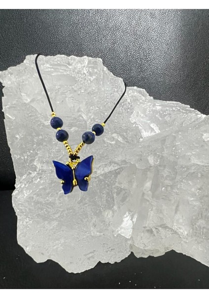 Gümüştel El Sanatları Sertifikalı Orijinal Lapis Lazuli & Sedef Doğal Taş Kolye Kelebek Detaylı Asansörlü Kilit Sistemi