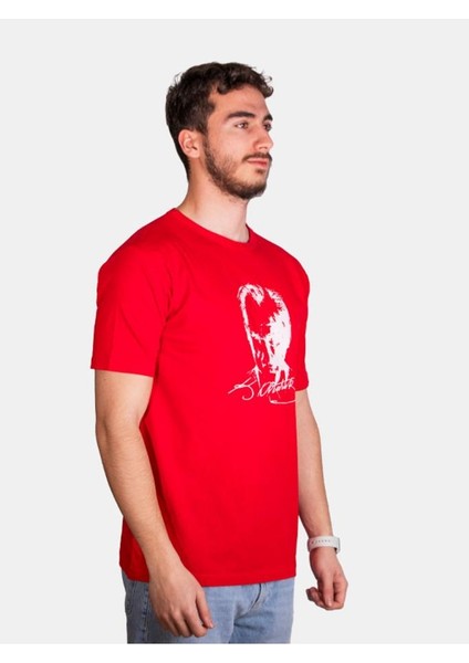 Unisex %100 Pamuk Standart Kesim Sıfır Yaka Kısa Kollu Beyaz Atatürk Baskılı T-Shirt