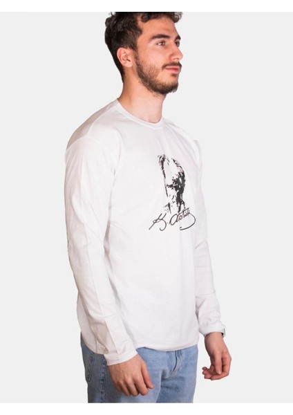 Unisex %100 Pamuk Standart Kesim Sıfır Yaka Uzun Kollu Siyah Atatürk Baskılı T-Shirt