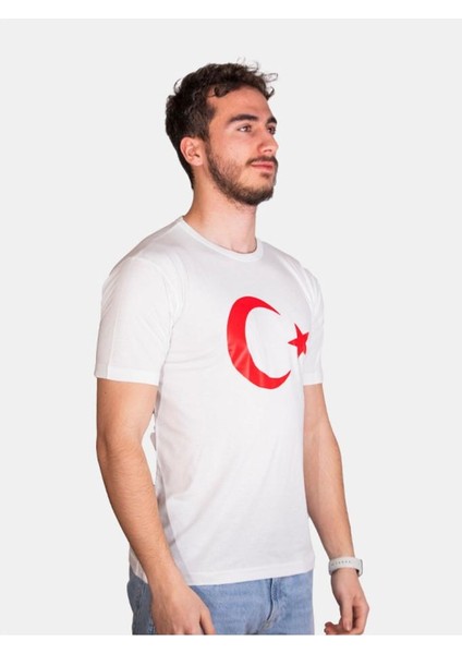 Unisex %100 Pamuk Standart Kesim Sıfır Yaka Kısa Kollu Kırmızı Türk Bayrağı Baskılı T-Shirt