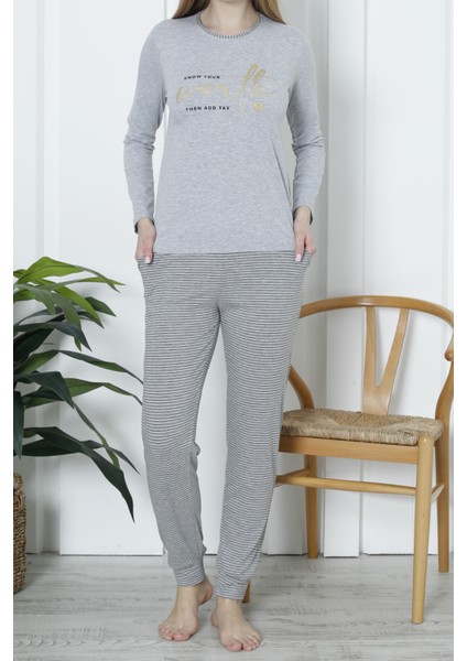Kadın Uzun Kollu Pijama Takımı Cepli Pamuklu Likralı Gri