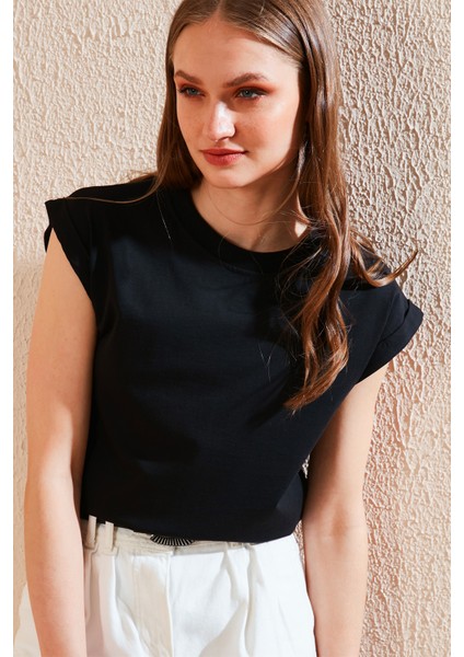 Bisiklet Yaka % 100 Pamuk Basic Tshirt Kadın Tshirt 5864121