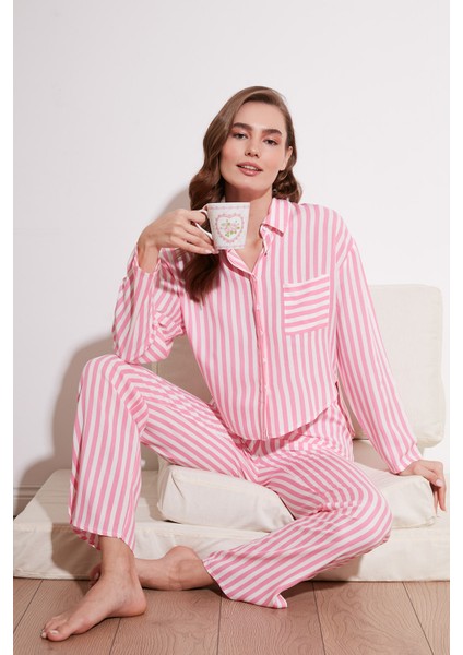 Çizgili Rahat Kesim Bol Paça Pijama Takımı Bayan Pijama Takımı 6110014 fiyatları