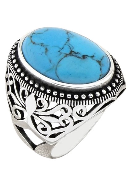Erkek Yüzük Gümüş 925 Ayar Turkuaz Taşlı