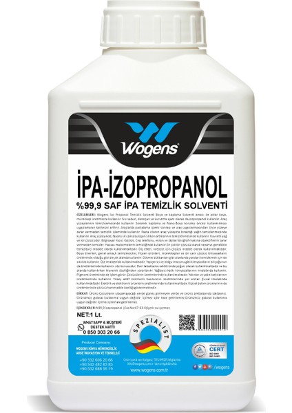 1 Lt %99,9 Saf ipa izo Propil Alkol Temizlik Solventi (izopropanol)