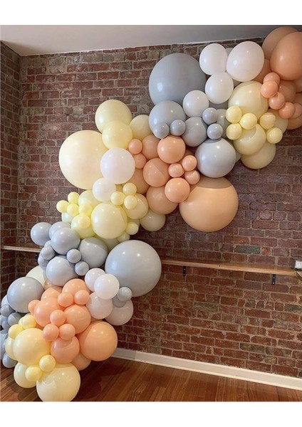 Zincir Balon Seti Makaron Somon-Makaron Sarı-Beyaz-Gri 4 Renk 60 Adet + Balon Şeridi