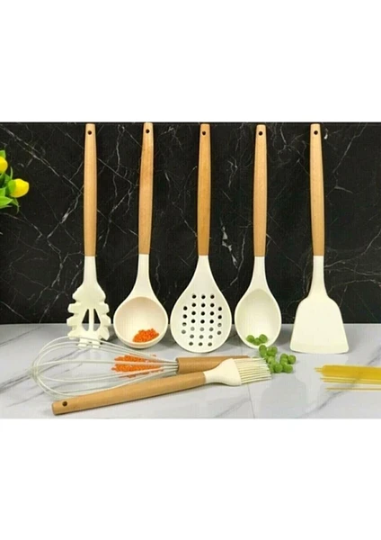 7 Parça Bambu Saplı Silikon Kepçe Spatula Mutfak Seti Beyaz