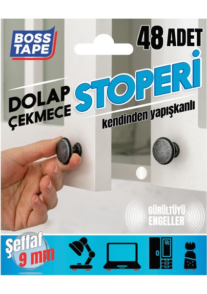 Boss Tape Yapışkanlı Dolap Çekmece Stoperi Ses Engelleyici Şeffaf 48 Adet