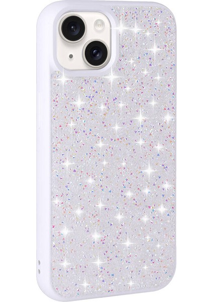 - Apple iPhone 15 - Kılıf Parlak Taşlı Tasarım Pırlanta Kapak - Beyaz