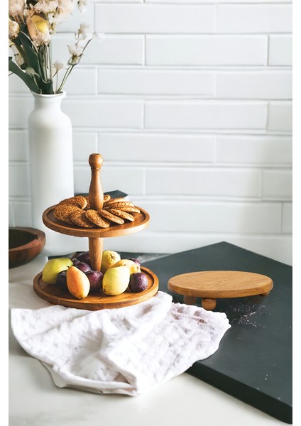 2 Li 2 Katlı Kek Stantı ve Risus Top Ayaklı 25 cm Ahşap Yuvarlak Pasta Sunum Servis Tabağı