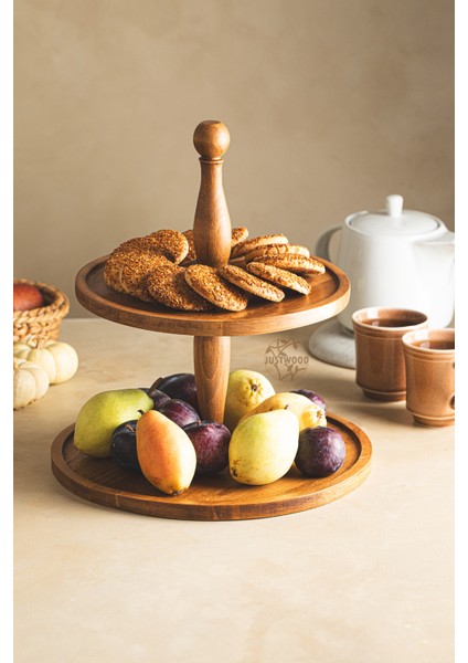 2 Li 2 Katlı Kek Stantı ve Risus Top Ayaklı 25 cm Ahşap Yuvarlak Pasta Sunum Servis Tabağı modelleri