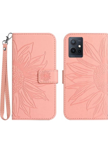 Vivo Y55 5G/Y75 5g Için Kart Yuvaları Tutucu Kabartmalı Pu ile Kısa Kayış Telefon Kılıfı (Yurt Dışından)