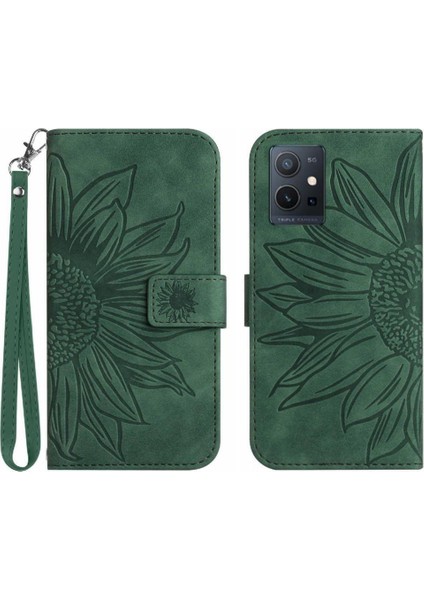 Vivo Y55 5G/Y75 5g Için Kart Yuvaları Tutucu Kabartmalı Pu ile Kısa Kayış Telefon Kılıfı (Yurt Dışından)