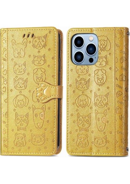 Iphone 13 Için Promax Deri Karikatür Hayvanlar Flip Telefon Kılıfı (Yurt Dışından)
