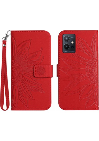 Vivo Y55 5G/Y75 5g Için Kart Yuvaları Tutucu Kabartmalı Pu ile Kısa Kayış Telefon Kılıfı (Yurt Dışından)