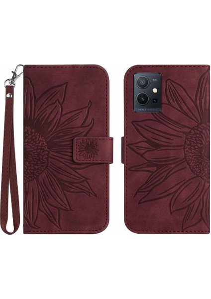 Vivo Y55 5G/Y75 5g Için Kart Yuvaları Tutucu Kabartmalı Pu ile Kısa Kayış Telefon Kılıfı (Yurt Dışından)