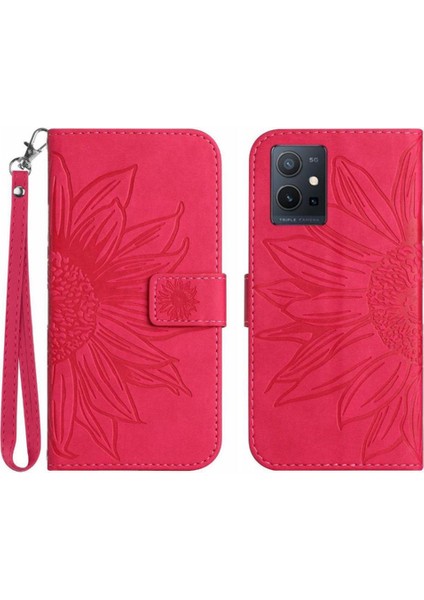 Vivo Y55 5G/Y75 5g Için Kart Yuvaları Tutucu Kabartmalı Pu ile Kısa Kayış Telefon Kılıfı (Yurt Dışından)