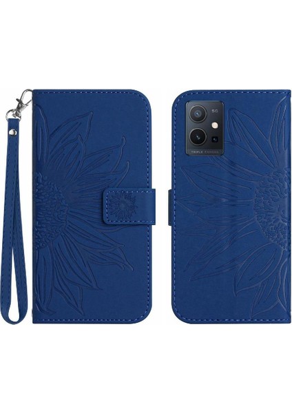 Vivo Y55 5G/Y75 5g Için Kart Yuvaları Tutucu Kabartmalı Pu ile Kısa Kayış Telefon Kılıfı (Yurt Dışından)