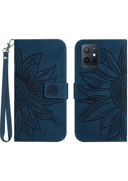 Vivo Y55 5G/Y75 5g Için Kart Yuvaları Tutucu Kabartmalı Pu ile Kısa Kayış Telefon Kılıfı (Yurt Dışından)