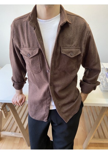 Erkek Slim Fit Çift Cep Kapaklı Oduncu Gömlek