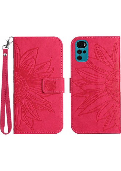 Motorola Moto G22 Kısa Kayış Flip Cüzdan Kabartmalı Pu Telefon Kılıfı (Yurt Dışından)