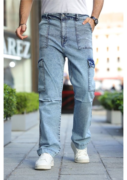 Erkek Kar Yıkama Kargo Cepli Baggy Denim Pantolon