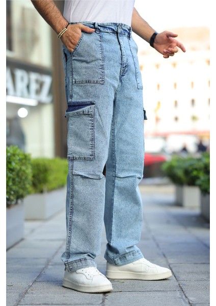 Erkek Kar Yıkama Kargo Cepli Baggy Denim Pantolon