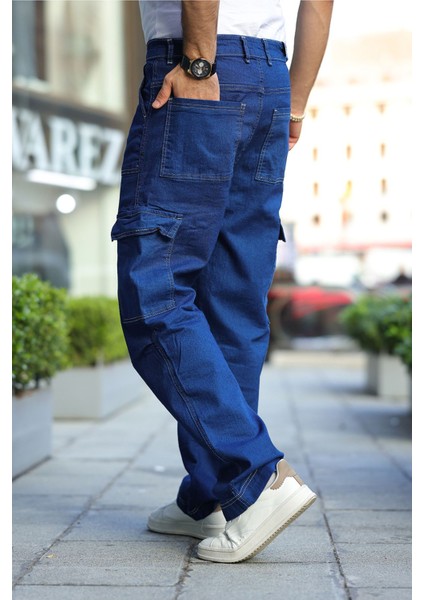 Erkek Kar Yıkama Kargo Cepli Baggy Denim Pantolon