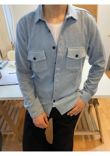 Erkek Slim Fit Düğmeli Yaka Çift Cepli Düz Oduncu Gömlek