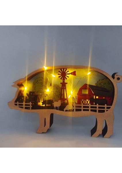 3D Hayvan Dekoru Süs LED Gece Lambası - Ahşap Çok Katmanlı Oyma Hayvan Görünümü Yatak Odası Masası Için Dekoratif Gece Lambası Elk Versiyonu (Boyut : Domuz) (Yurt Dışından)