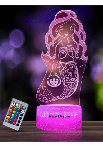 Çocuklar Için Sevimli Deniz Kızı Gece Lambası, 3D Illüzyon Gece Lambası, Uzaktan Kumanda ile 16 Renk Değiştirme, Oda Dekoru, Çocuklar Için Hediyeler Erkek Kız (Yurt Dışından)