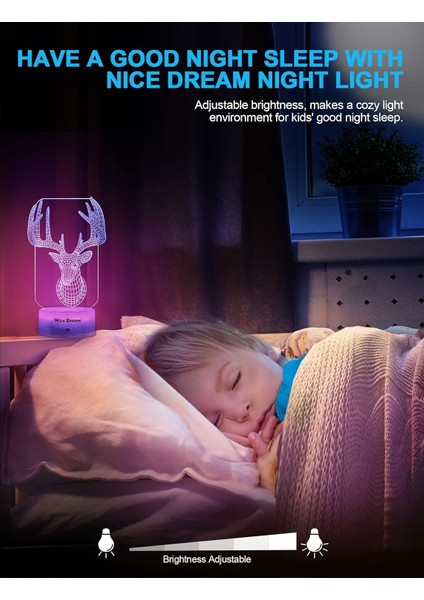 Çocuklar Için Geyik Gece Lambası, 3D Illüzyon Gece Lambası, Uzaktan Kumanda ile 16 Renk Değiştirme, Oda Dekoru, Çocuklar Için Hediyeler Erkek Kız (Yurt Dışından)