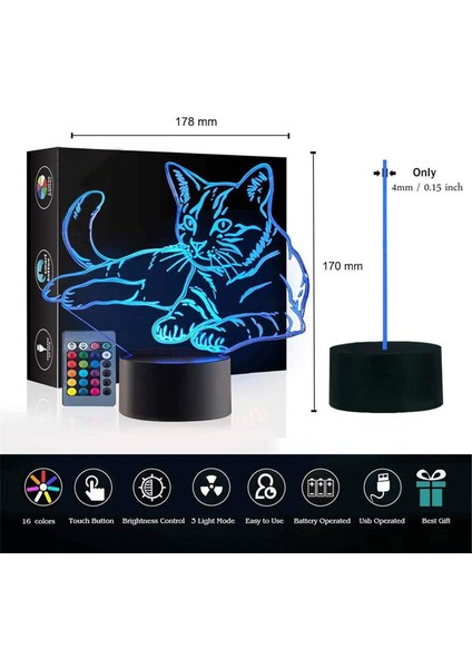Noel Hediyesi Pet Kedi 3D Illusion Doğum Günü Hediyesi Yanında Masa Lambası, 16 Renk Değiştirme Dokunmatik Anahtar Dekorasyon Uzaktan Kumandalı Gece Lambası Kedi Lover Tema Oyuncak (Yurt Dışından)