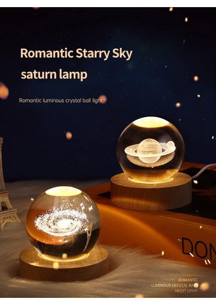 Satürn Lambası, Ahşap Tabanlı Çocuklar Için 3D Galaxy Kristal Küre Gece Lambası, Galaxy Planet Gece Lambası Hediye Yatak Odası Dekoru (Yurt Dışından)