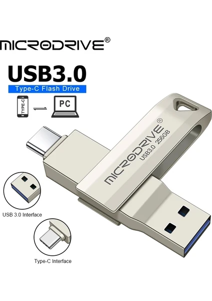 256GB.Type-C ve Usb 3.0 Hızlı Usb Flash Bellek Otg Çift Girişli Metal Sağlam ve Orjinal