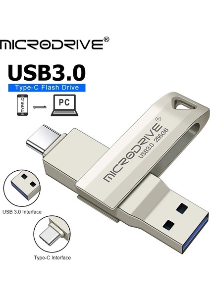 256GB.128GB.64GB.Type-C ve Usb 3.0 Hızlı Sağlam USB Flash Bellek Otg Çift Giriş Orjinal Metal