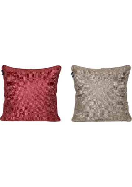 2'lı Hasır Dokulu Fitilli Çift Taraflı Kırlent Kılıfı Krem-Kırmızı