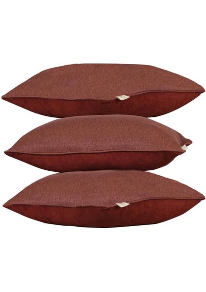 3'lü Çift Taraflı Keten ve Kadife Görünümlü Kırlent Kılıfı Fitilli Kırmızı