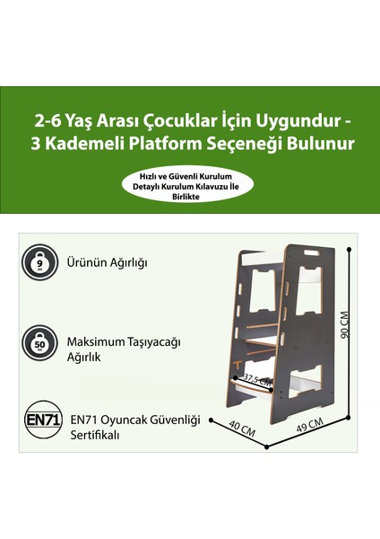 Ahşap Montessori Öğrenme Kulesi / 2-6 Yaş / Antrasit