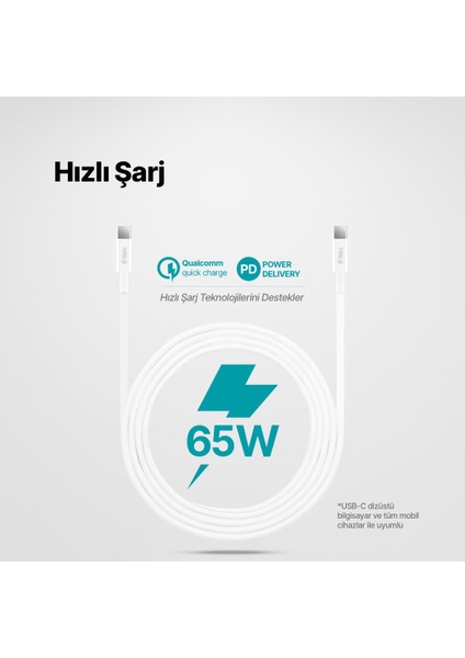 Ttec 2m 65W Süper Hızlı Pd/qc Type C To Type C Şarj ve Data Kablosu, 480MBPS Hızlı Veri Aktarımlı Kablo