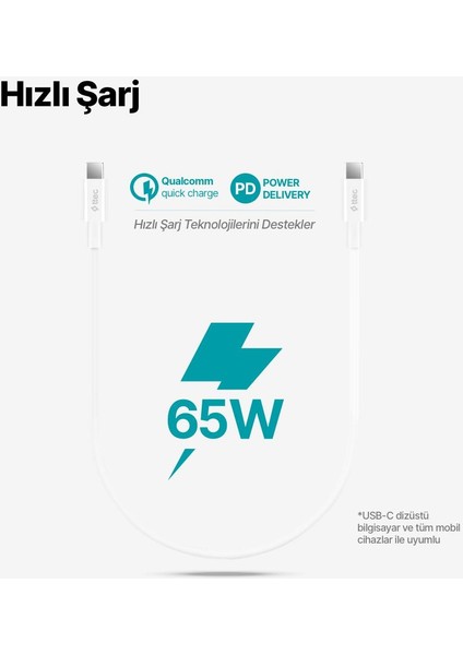 Ttec 65W 30CM Pd/qc Mega Hızlı Type C To Type C Şarj ve Data Kablosu, Ultra Dayanıklı Powerbank Kablosu