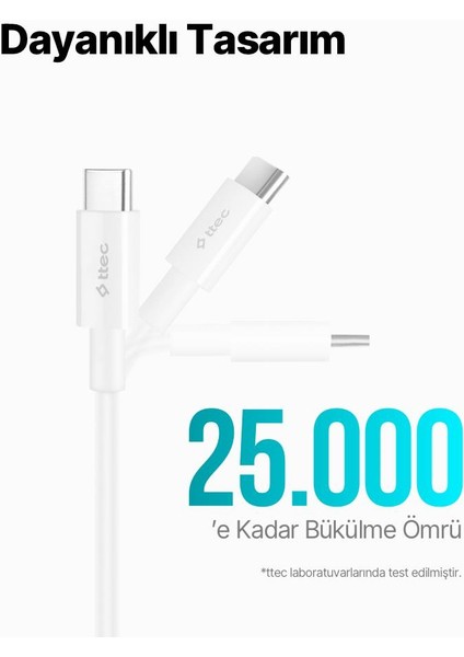 Ttec 65W 30CM Pd/qc Mega Hızlı Type C To Type C Şarj ve Data Kablosu, Ultra Dayanıklı Powerbank Kablosu
