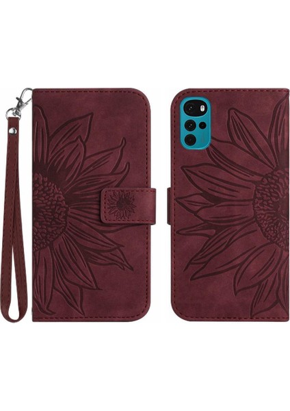 Motorola Moto G22 Kısa Kayış Flip Cüzdan Telefon Kılıfı Kabartmalı Pu (Yurt Dışından)