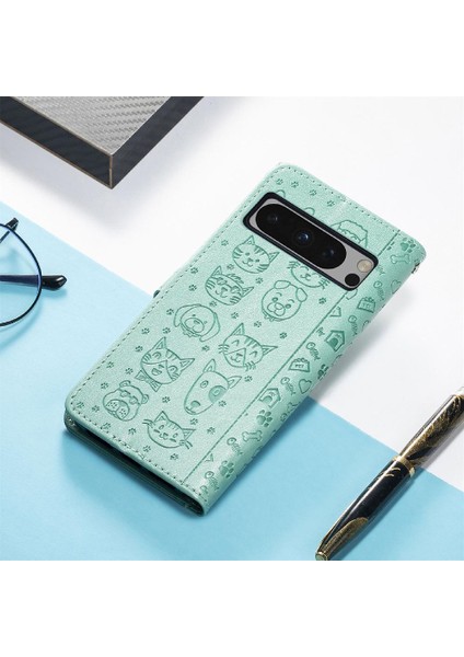 Google Piksel 8 Pro Flip Kapak Karikatür Hayvanlar Için Kılıf Kısa Kayış Vaka (Yurt Dışından)