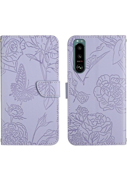 Sony Xperia 5 Iii Çiçekler ve Bilek Kayışı Pu ile Kelebekler Için Kılıf (Yurt Dışından)